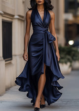 Women’s Satin Halter Neck Gown with Asymmetric Ruffles