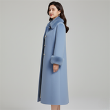 Elegant Blue Long Winter Coat with Faux Fur Collar & Cuffs - Wool Blend - Classic Straight Cut