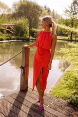 Women's Sleeveless High Neck Midi Dress with Slit – Elegant Summer Style