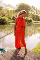 Women's Sleeveless High Neck Midi Dress with Slit – Elegant Summer Style