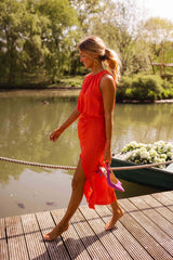 Women's Sleeveless High Neck Midi Dress with Slit – Elegant Summer Style