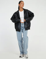 Women's Oversized PU Bomber Jacket - Dark Brown Streetstyle