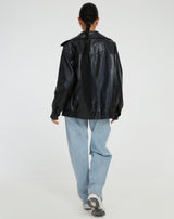 Women's Oversized PU Bomber Jacket - Dark Brown Streetstyle
