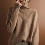 Women's Cashmere Turtleneck Sweater | Checkered Pattern