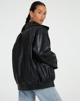 Women's Oversized PU Bomber Jacket - Dark Brown Streetstyle