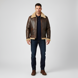 Men’s Shearling Leather Aviator Jacket with Faux Fur Collar