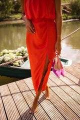 Women's Sleeveless High Neck Midi Dress with Slit – Elegant Summer Style